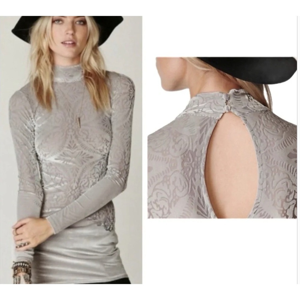 Free People Grey Burnout Velvet Damask Mock Neck Long Sleeve Mini Dress Womens M